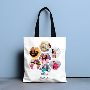 Multi Photo Collage Modern Personalised Name Tote Bag