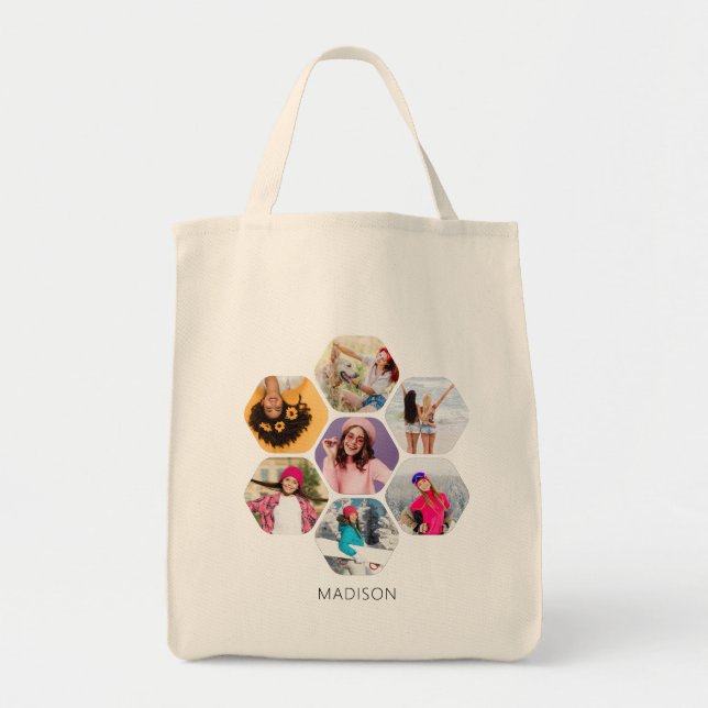 Multi Photo Collage Modern Personalised Name Tote Bag (Front)