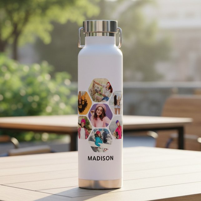 Multi Photo Collage Modern Personalised Name Water Bottle (Creator Uploaded)
