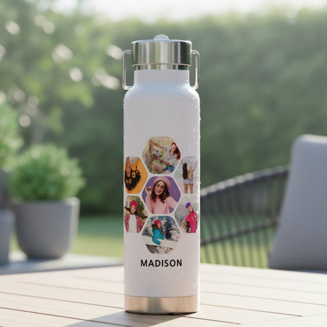 Multi Photo Collage Modern Personalised Name  Water Bottle (Creator Uploaded)