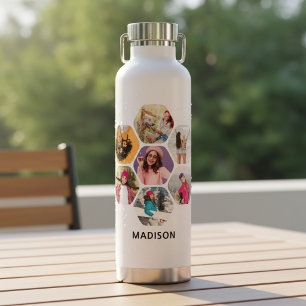 Multi Photo Collage Modern Personalised Name Water Bottle