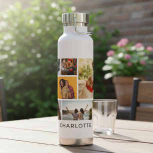 Multi Photo Collage Modern Personalised Name Water Bottle