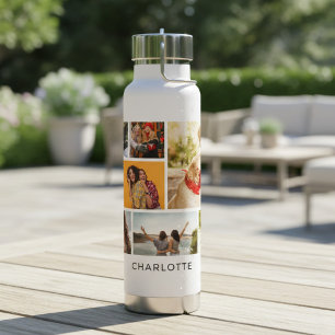 Multi Photo Collage Modern Personalised Name Water Bottle