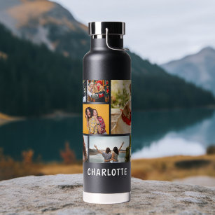 Multi Photo Collage Modern Personalised Name Water Bottle