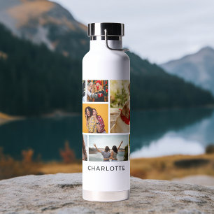 Multi Photo Collage Modern Personalised Name Water Bottle