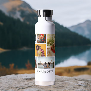 Multi Photo Collage Modern Personalised Name Water Bottle
