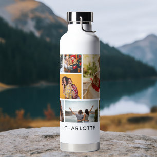 Multi Photo Collage Modern Personalised Name Water Bottle