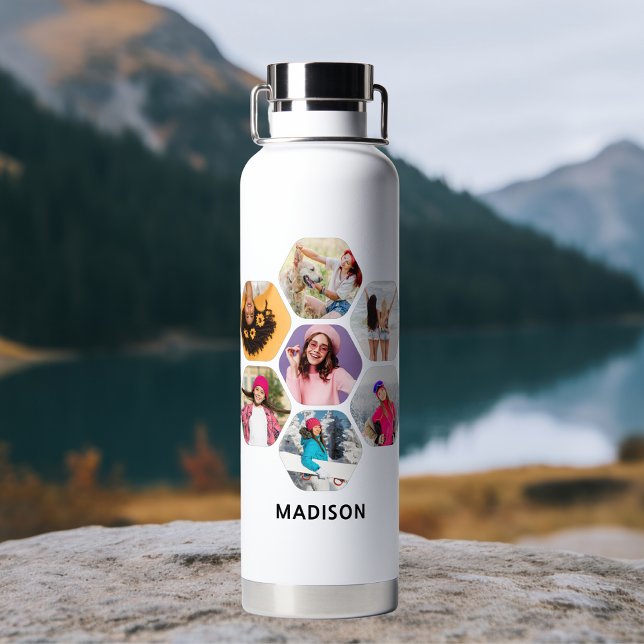 Multi Photo Collage Modern Personalised Name Water Bottle (Creator Uploaded)