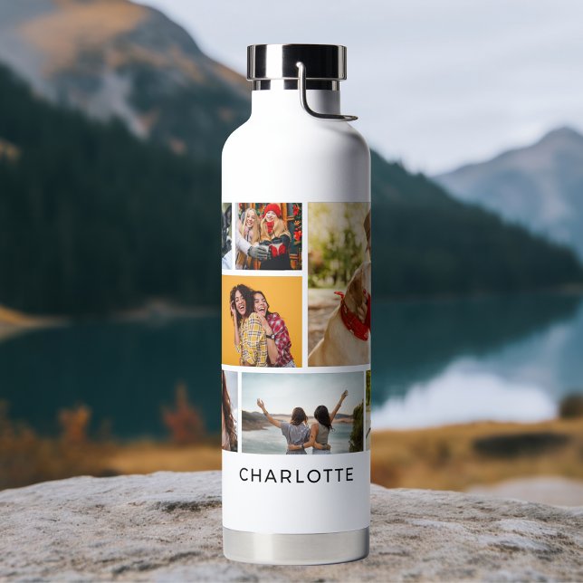 Multi Photo Collage Modern Personalised Name Water Bottle (Creator Uploaded)