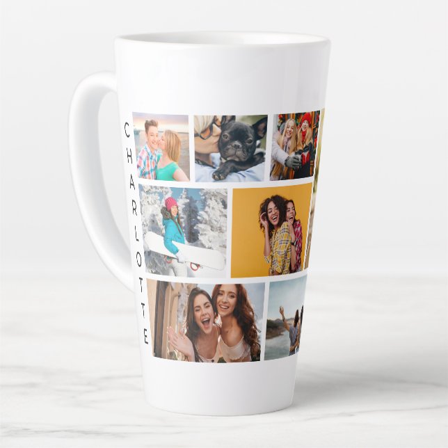 Multi Photo Collage Modern Personalized Name Latte Mug (Left Angle)