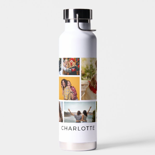Multi Photo Collage Modern Personalized Name Water Bottle (Left)