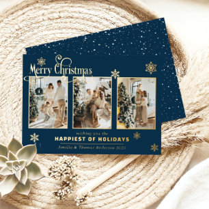 Multi Photo Collage Navy Blue Gold Foil Snow Foil Holiday Card
