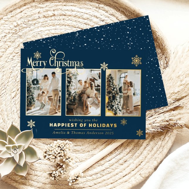 Multi Photo Collage Navy Blue Gold Foil Snow Foil Holiday Card (Creator Uploaded)