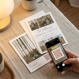 Multi Photo Collage QR Code Minimalist Wedding Invitation