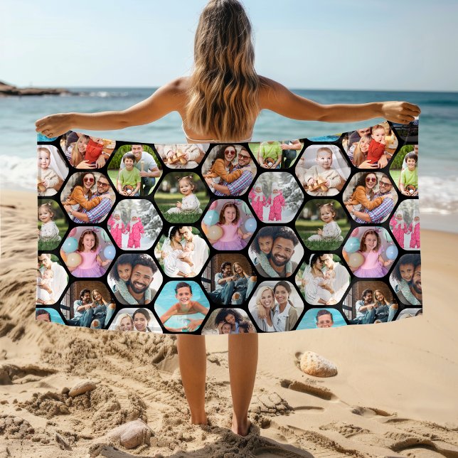 Multi Photo Collage Simple Modern Hexagon Pattern Beach Towel (Creator Uploaded)