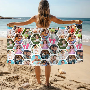 Multi Photo Collage Simple Modern Hexagon Pattern Beach Towel