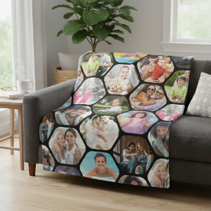 Multi Photo Collage Simple Modern Hexagon Pattern Fleece Blanket