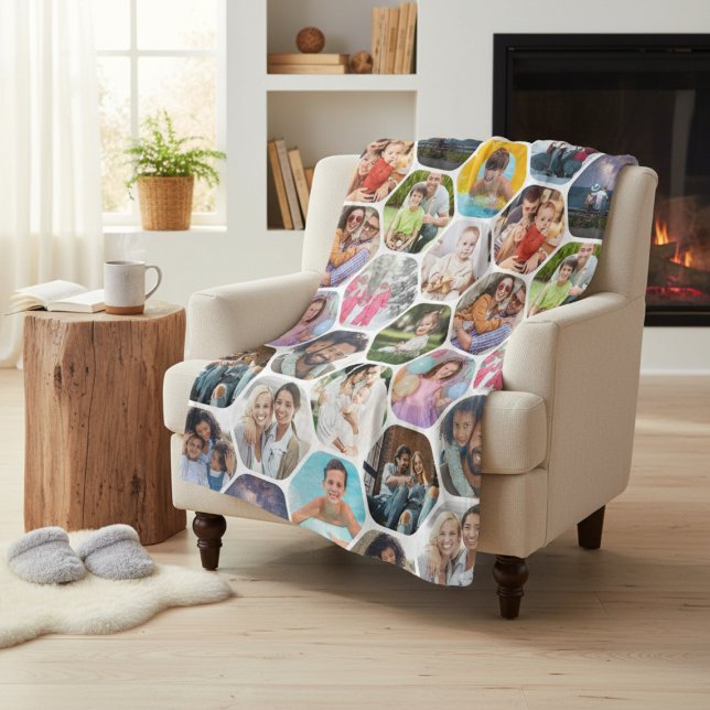 Multi Photo Collage Simple Modern Hexagon Pattern Fleece Blanket (Creator Uploaded)