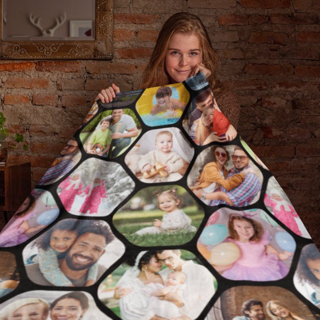 Multi Photo Collage Simple Modern Hexagon Pattern Fleece Blanket (Creator Uploaded)