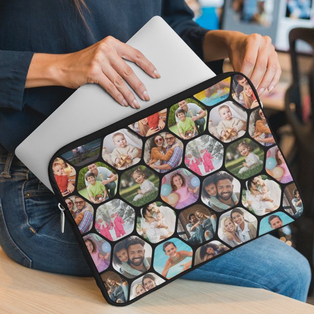 Multi Photo Collage Simple Modern Hexagon Pattern Laptop Sleeve (Creator Uploaded)