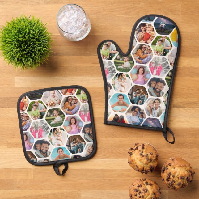Multi Photo Collage Simple Modern Hexagon Pattern Oven Mitt & Pot Holder Set (Top Down)