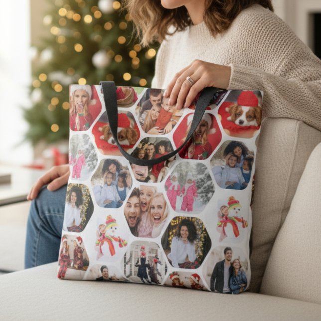 Multi Photo Collage Simple Modern Hexagon Pattern Tote Bag (Creator Uploaded)