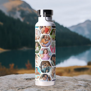 Multi Photo Collage Simple Modern Hexagon Pattern Water Bottle