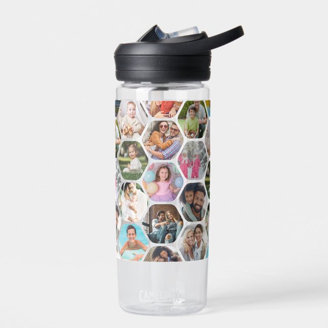 Multi Photo Collage Simple Modern Hexagon Pattern Water Bottle (Left)