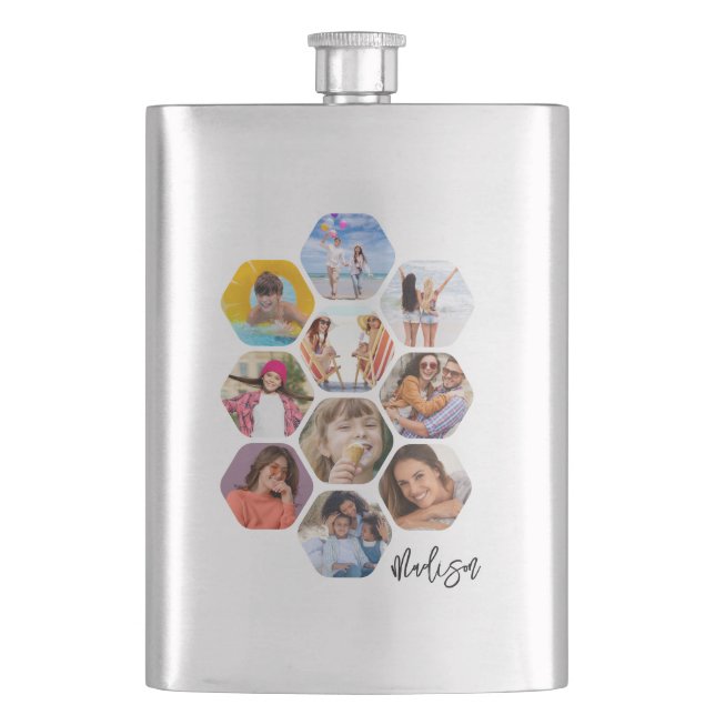 Multi Photo Collage Simple Modern Personalised Fla Hip Flask (Front)
