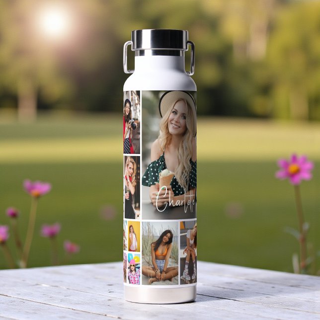 Multi Photo Collage Simple Modern Personalised Water Bottle (Creator Uploaded)