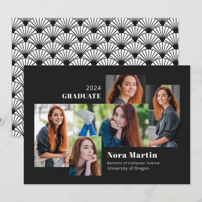 Multi Photo College Graduation Black White Announcement (Front/Back)