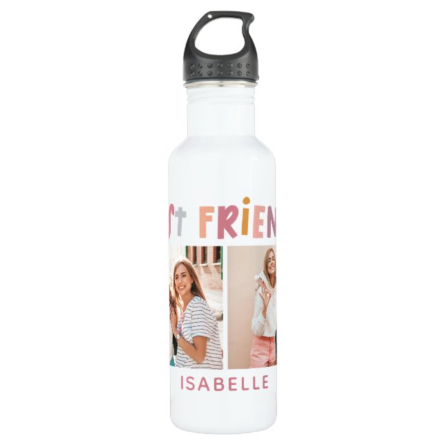 Multi photo colourful fun typography best friends 710 ml water bottle (Front)