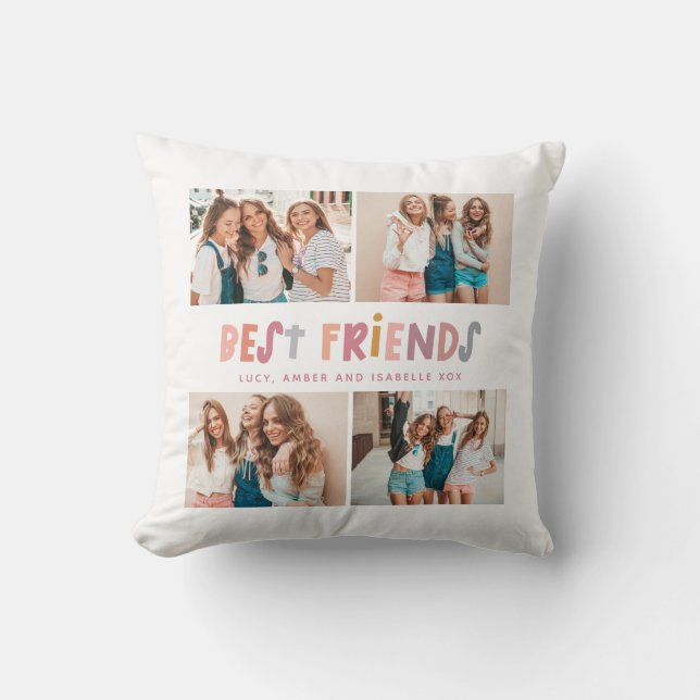 Multi photo colourful fun typography best friends cushion (Front)