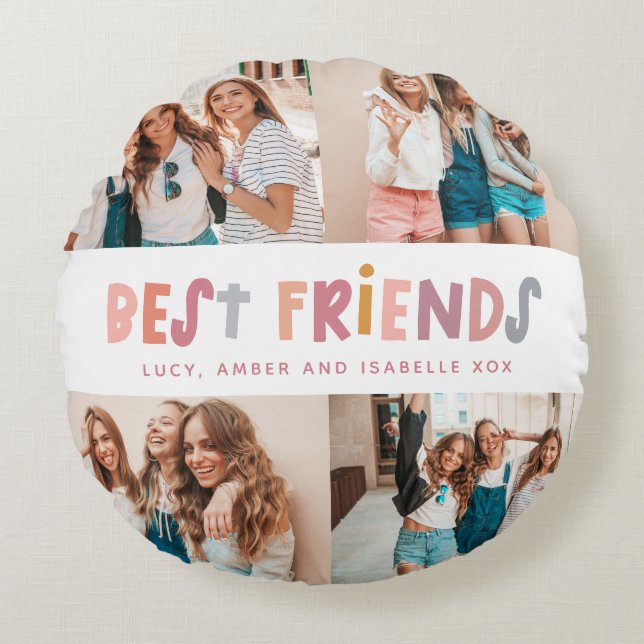 Multi photo colourful fun typography best friends round cushion (Front)