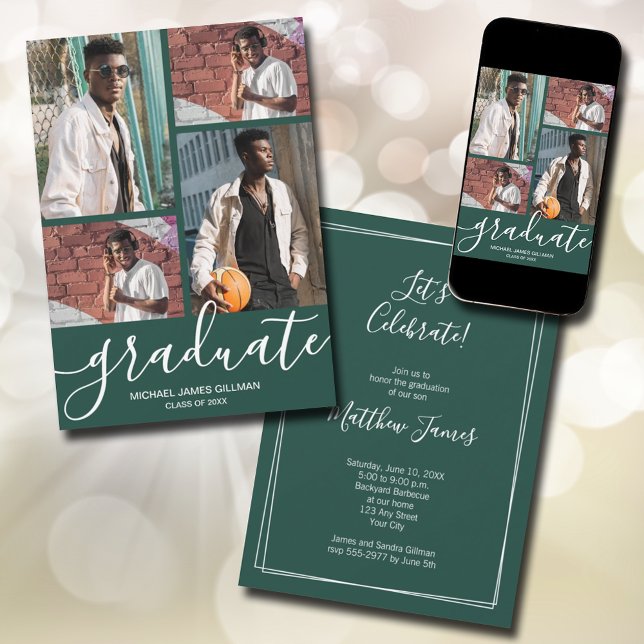 Multi Photo Dark Green Graduation Announcement (Modern script 4 photo dark green graduation announcements - PRINTED and/or INSTANT DOWNLOAD)