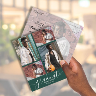 Multi Photo Dark Green Graduation Party Invitation Postcard