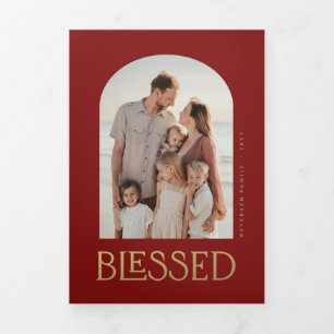 Multi photo family year in review gold typography Tri-Fold holiday card