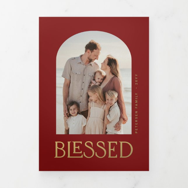 Multi photo family year in review gold typography Tri-Fold holiday card (Cover)
