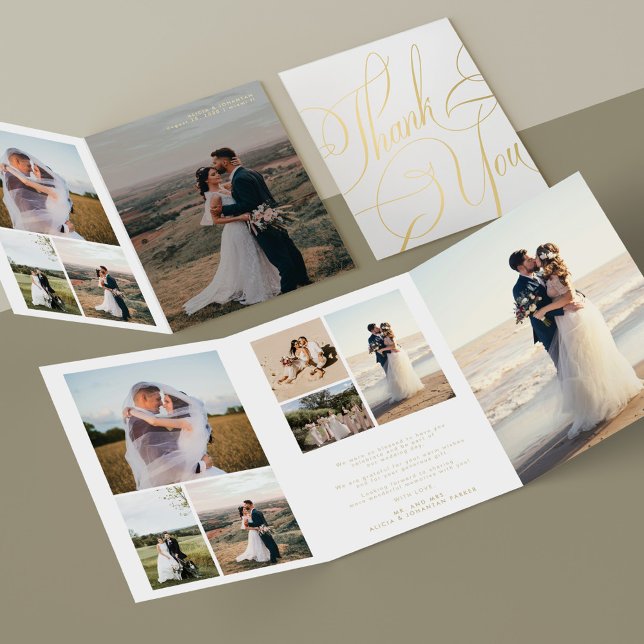 Multi photo gold script wedding thank you card (Creator Uploaded)