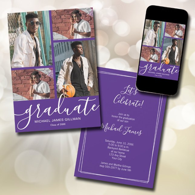 Multi Photo Graduation Announcement (Modern script 4 photo purple graduation announcements - PRINTED and/or INSTANT DOWNLOAD)