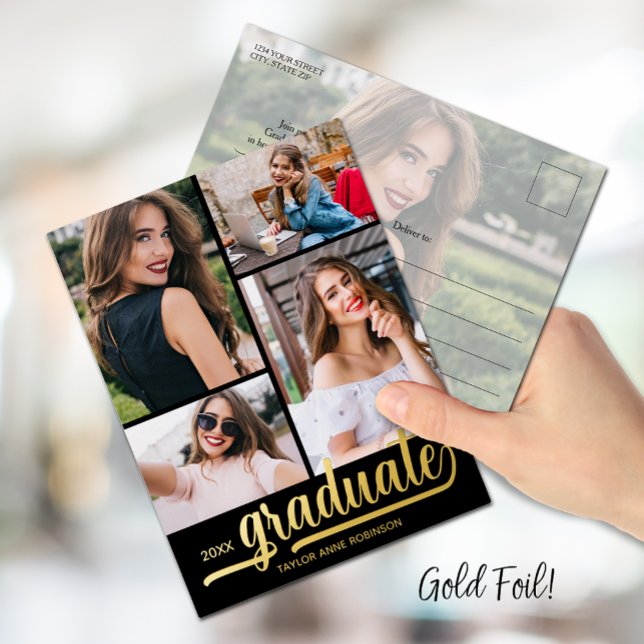 Multi Photo Graduation Party Foil Invitation Postcard (Creator Uploaded)