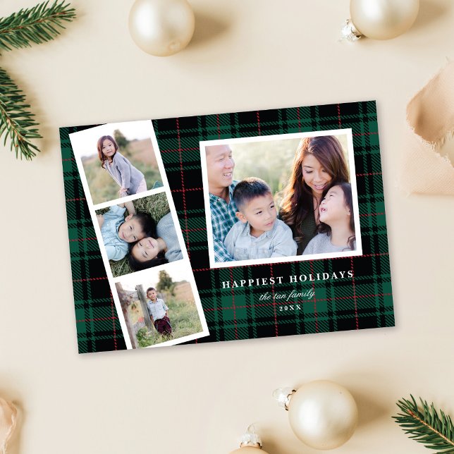 Multi-Photo Green Black Tartan Plaid Holiday Card (Creator Uploaded)