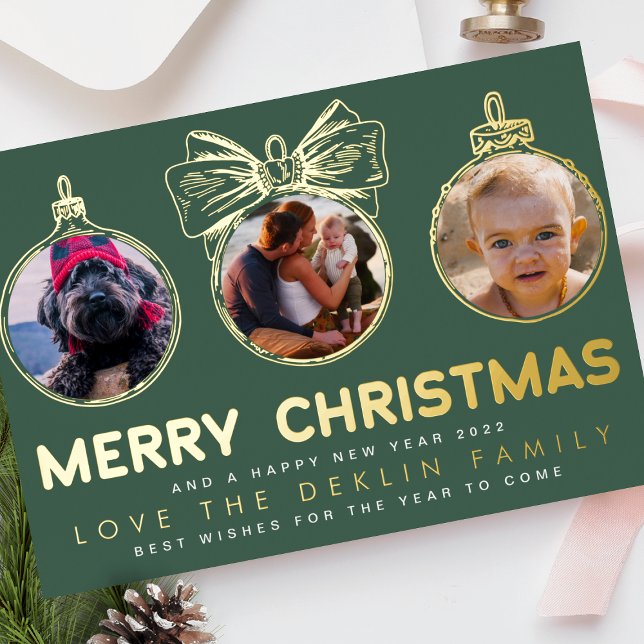 Multi Photo Green Gold Merry Christmas Happy Foil Holiday Card (Creator Uploaded)