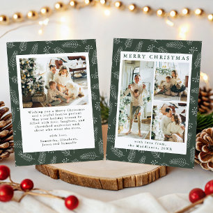 Multi-Photo Green Minimal Christmas Leaves pattern Holiday Card