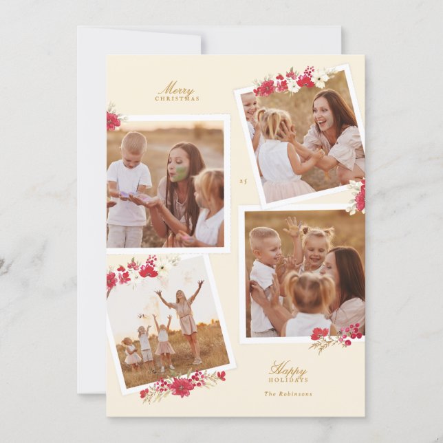 multi photo merry christmas floral botanical holiday card (Front)