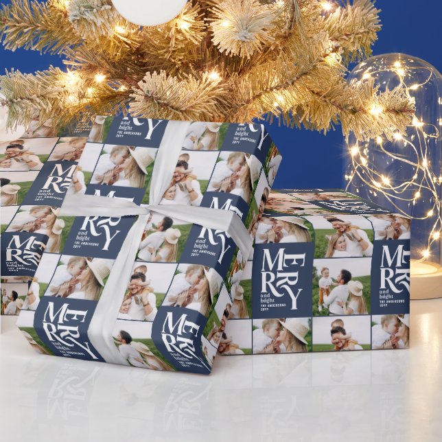 multi photo modern colourful navy blue typography  wrapping paper (Holidays)