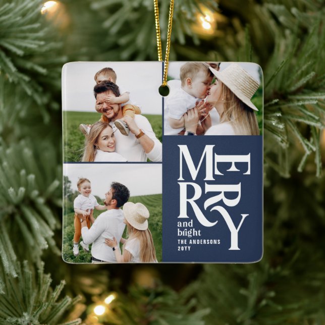 multi photo modern colourful navy typography  ceramic ornament (Tree)