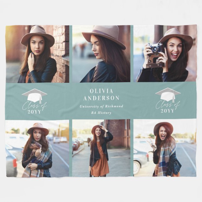 Multi photo modern dusty blue script graduation fleece blanket (Front (Horizontal))