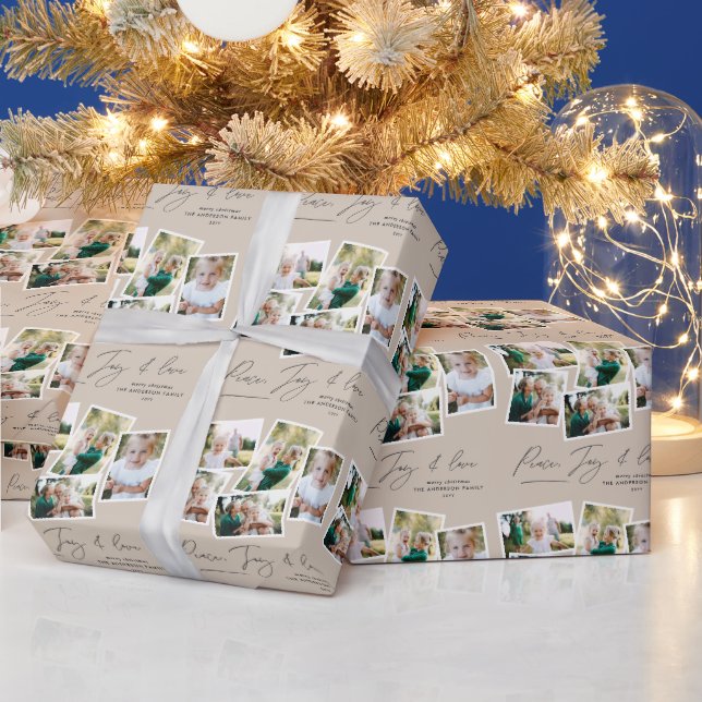 Multi photo modern elegant script beige wrapping paper (Holidays)