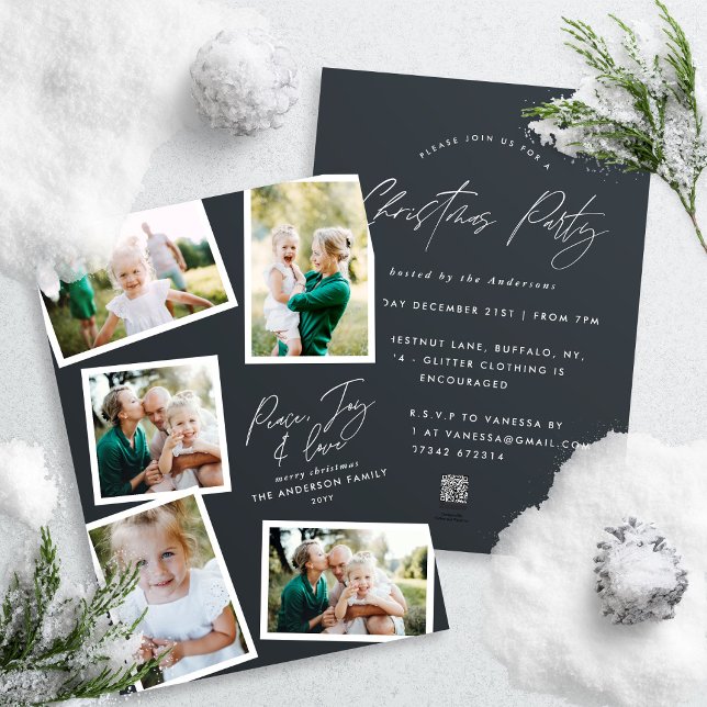 Multi photo modern elegant script black party holiday card (Creator Uploaded)